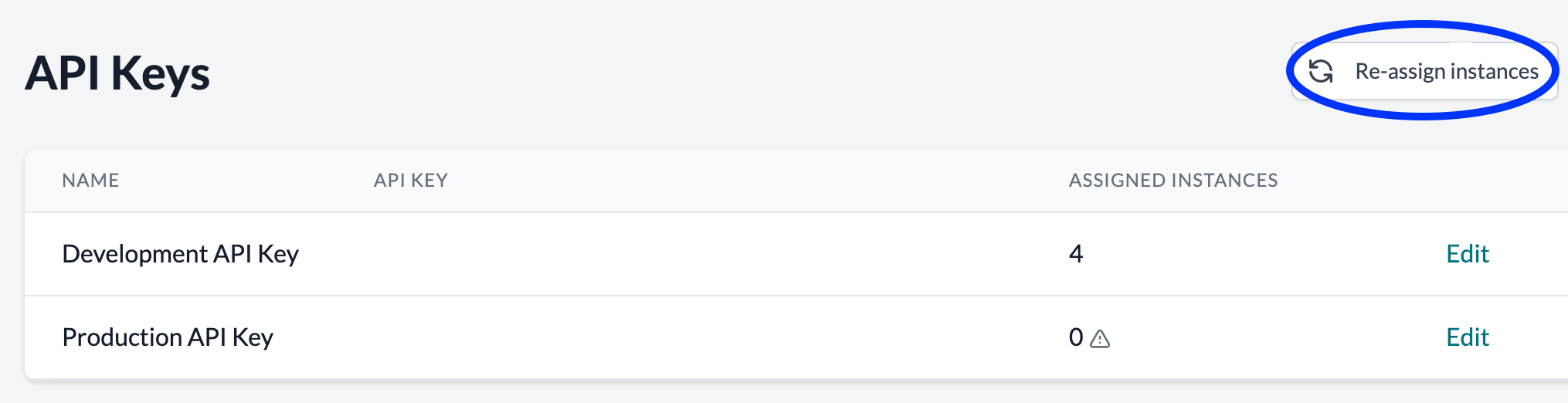 screenshot of API keys management page, with a circle around button in top right hand corner to re-assign instances